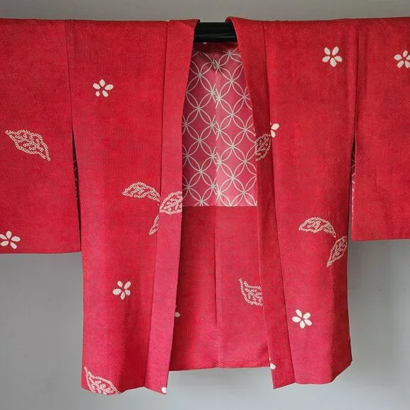 Vintage Red Silk Kimono Jacket: Jacquard Shibori Haori H1526 - Picture 1 of 11